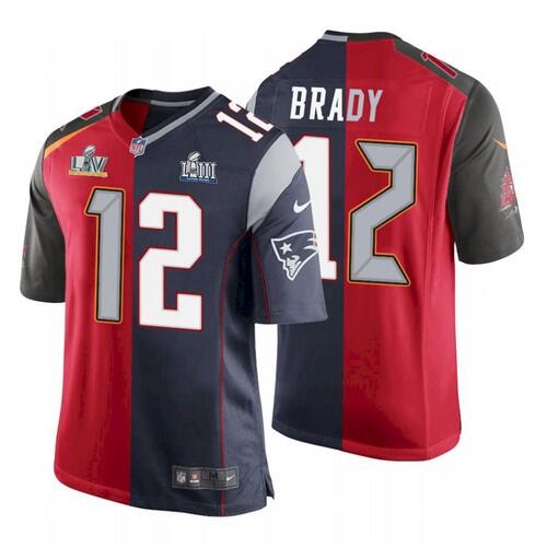 Men's Tampa Bay Buccaneers #12 Tom Brady Red Navy NFL Super Bowl Split GOAT Stitched Jersey Men's Tampa Bay Buccaneers #12 Tom Brady Red Navy NFL Super Bowl Split GOAT Stitched Jersey